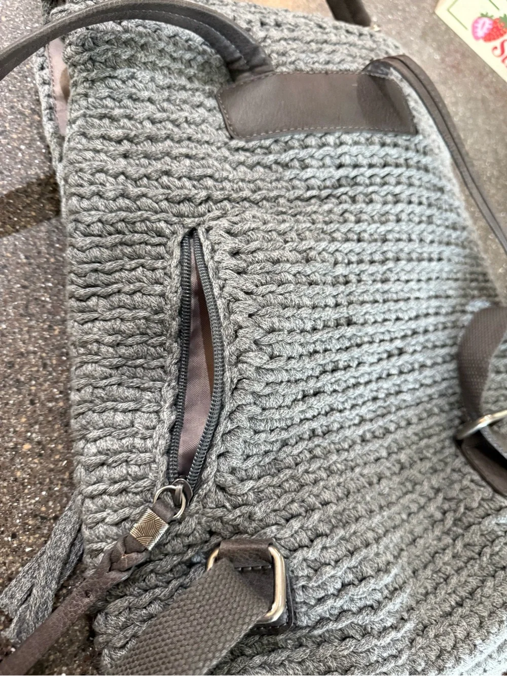 The Sak Gray Knit Backpack with Dark Brown Straps
